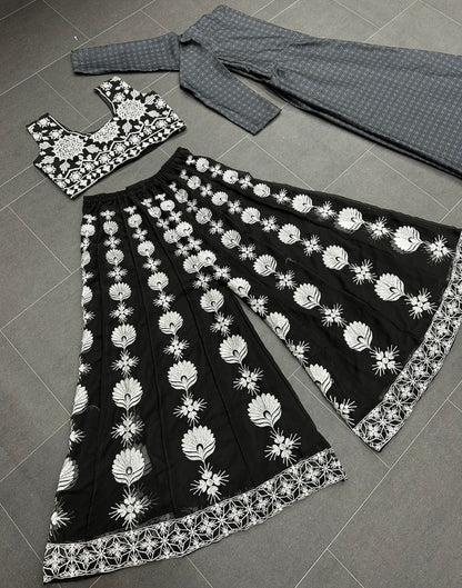 Black georgette embroidered indowestern plazzo suit with shrug