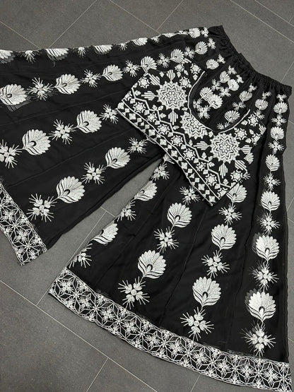 Black georgette embroidered indowestern plazzo suit with shrug