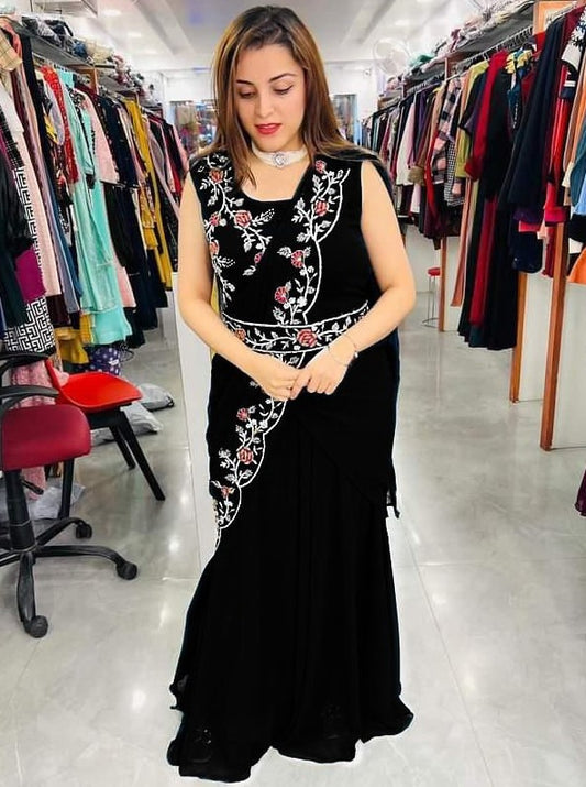 Black georgette embroidered indowestern umbrella flair gown