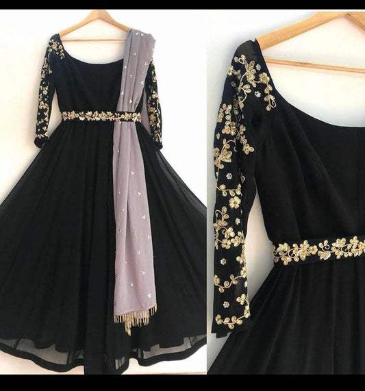Black georgette embroidered partywear gown