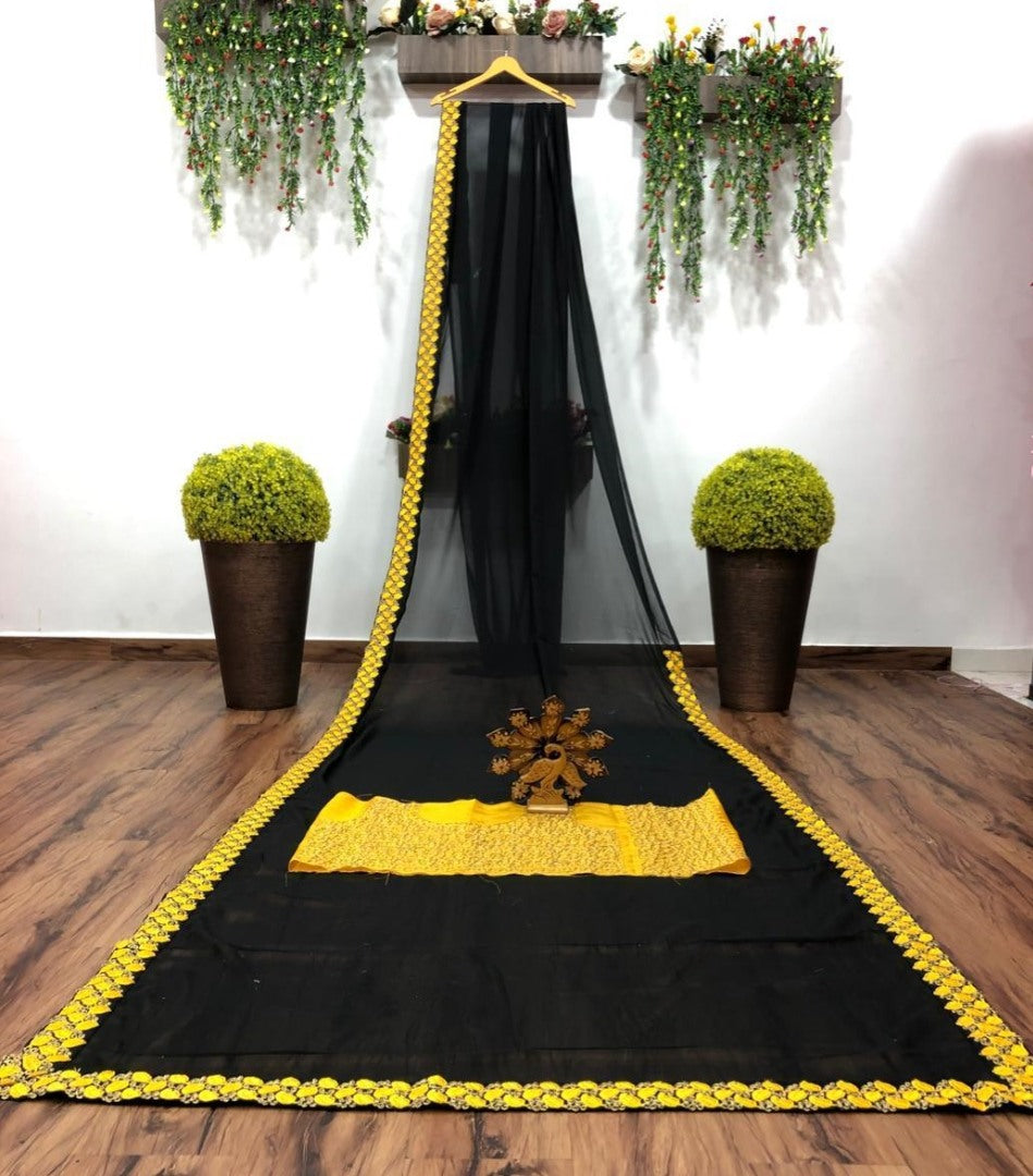 Black georgette embroidered partywear saree