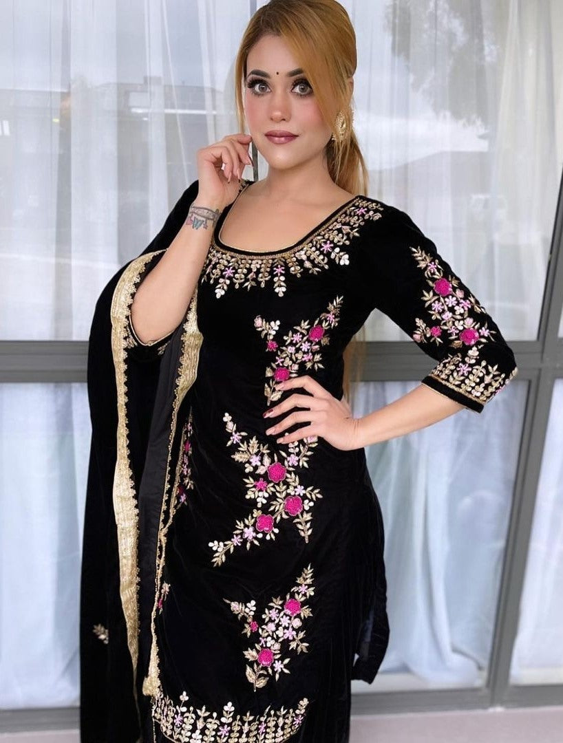 Black georgette embroidered patiyala punjabi suit