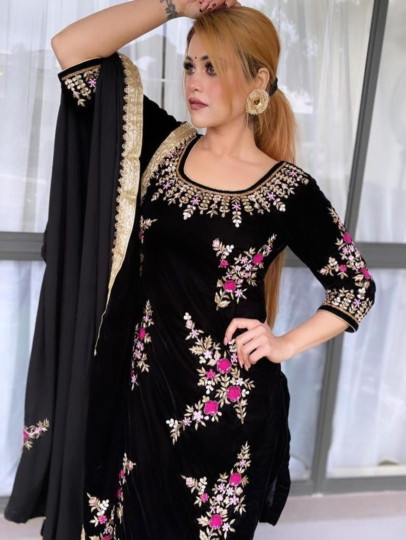 Black georgette embroidered patiyala punjabi suit