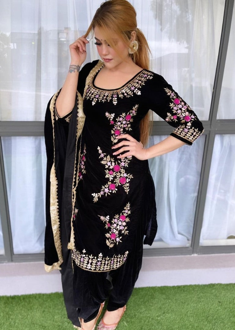 Black georgette embroidered patiyala punjabi suit