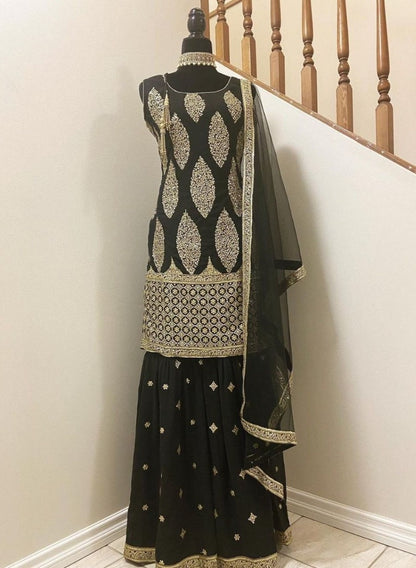 Black georgette embroidered sharara suit