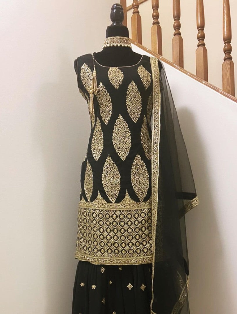Black georgette embroidered sharara suit