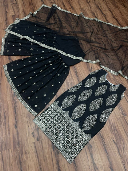 Black georgette embroidered sharara suit