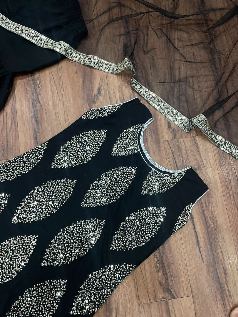 Black georgette embroidered sharara suit