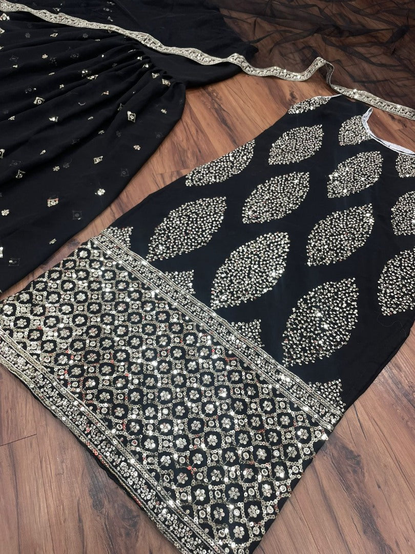 Black georgette embroidered sharara suit