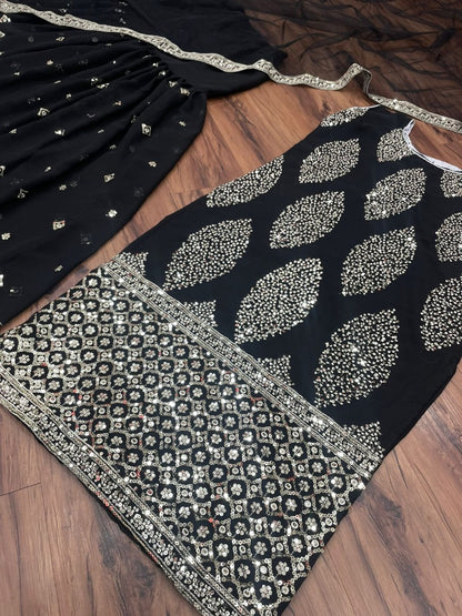 Black georgette embroidered sharara suit