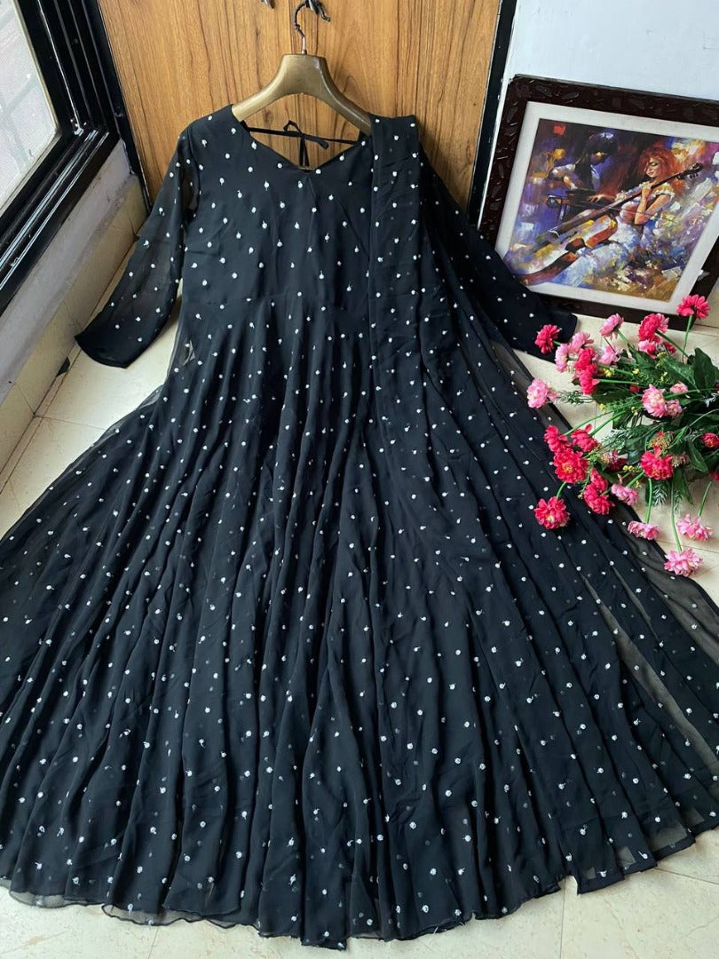 Black georgette embroidered umbrella flair party wear anarkali suit