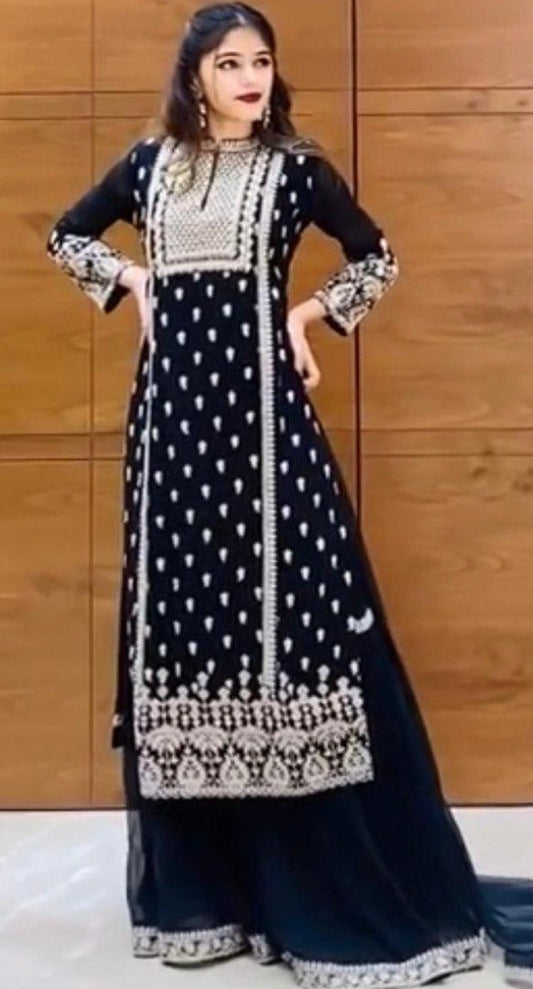 Black georgette embroidered work flared sharara plazzo suit