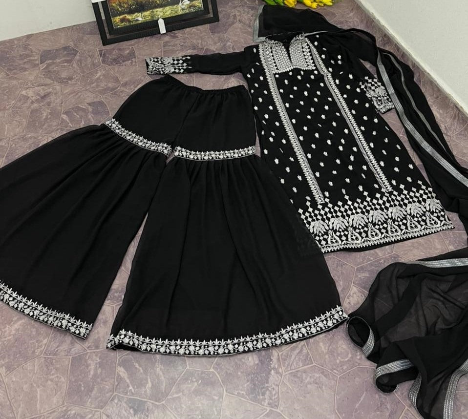 Black georgette embroidered work flared sharara plazzo suit