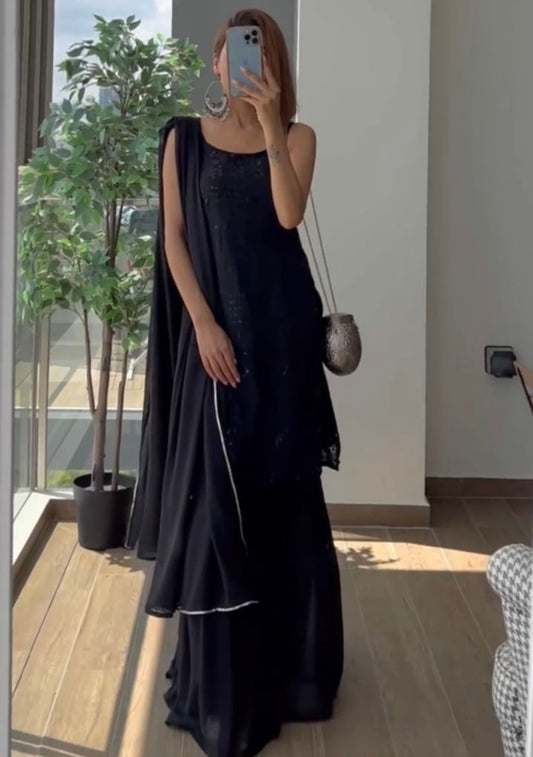 Black georgette embroidery sequence work party wear sharara suit