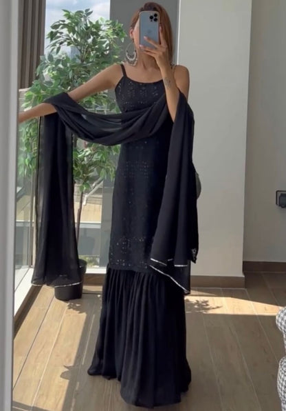 Black georgette embroidery sequence work party wear sharara suit