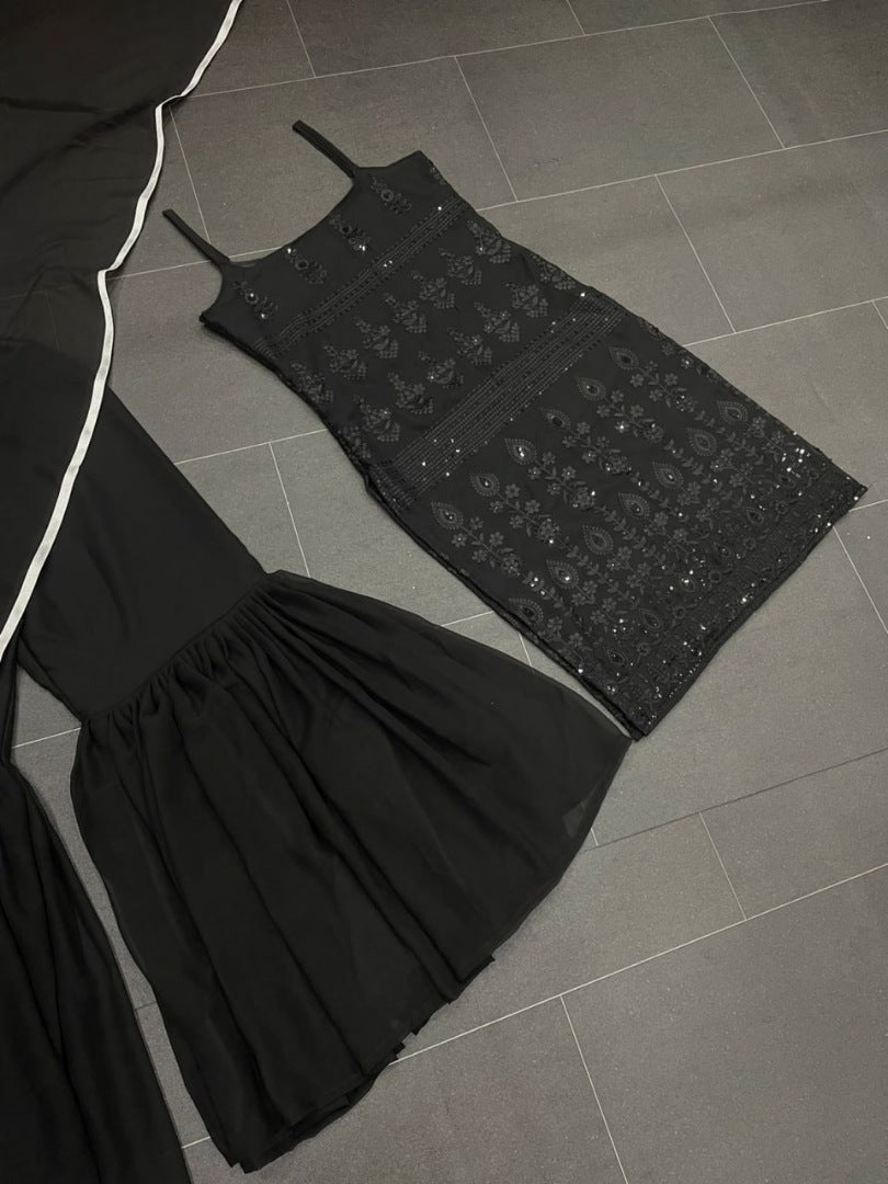 Black georgette embroidery sequence work party wear sharara suit