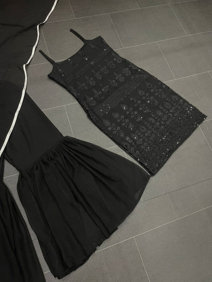 Black georgette embroidery sequence work party wear sharara suit