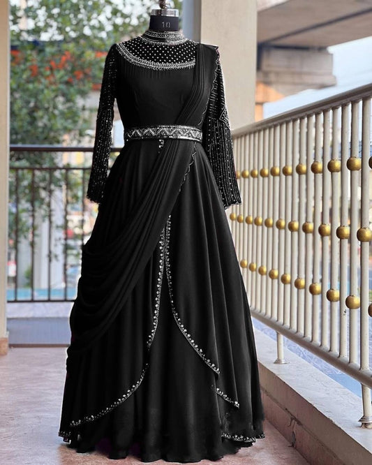 Black georgette embroidery work indowestern party wear gown