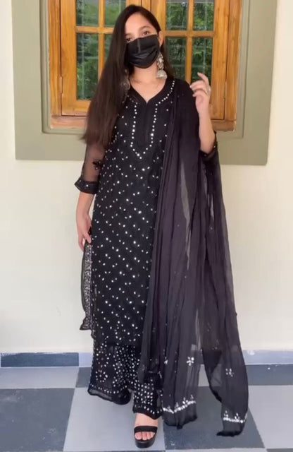 Black georgette embroidery work mirror work plazzo suit