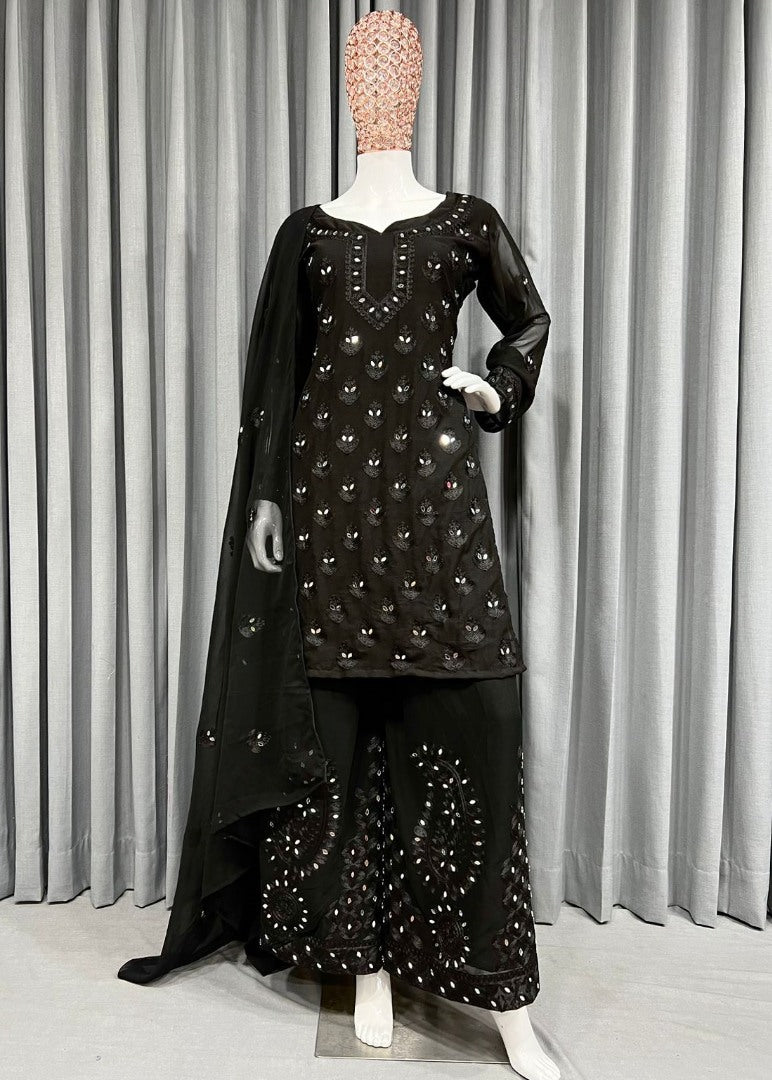 Black georgette embroidery work mirror work plazzo suit