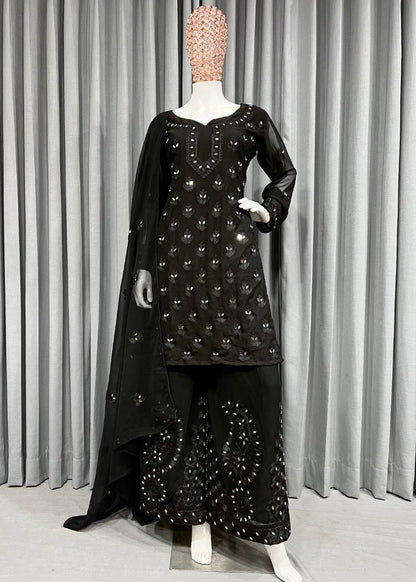 Black georgette embroidery work mirror work plazzo suit