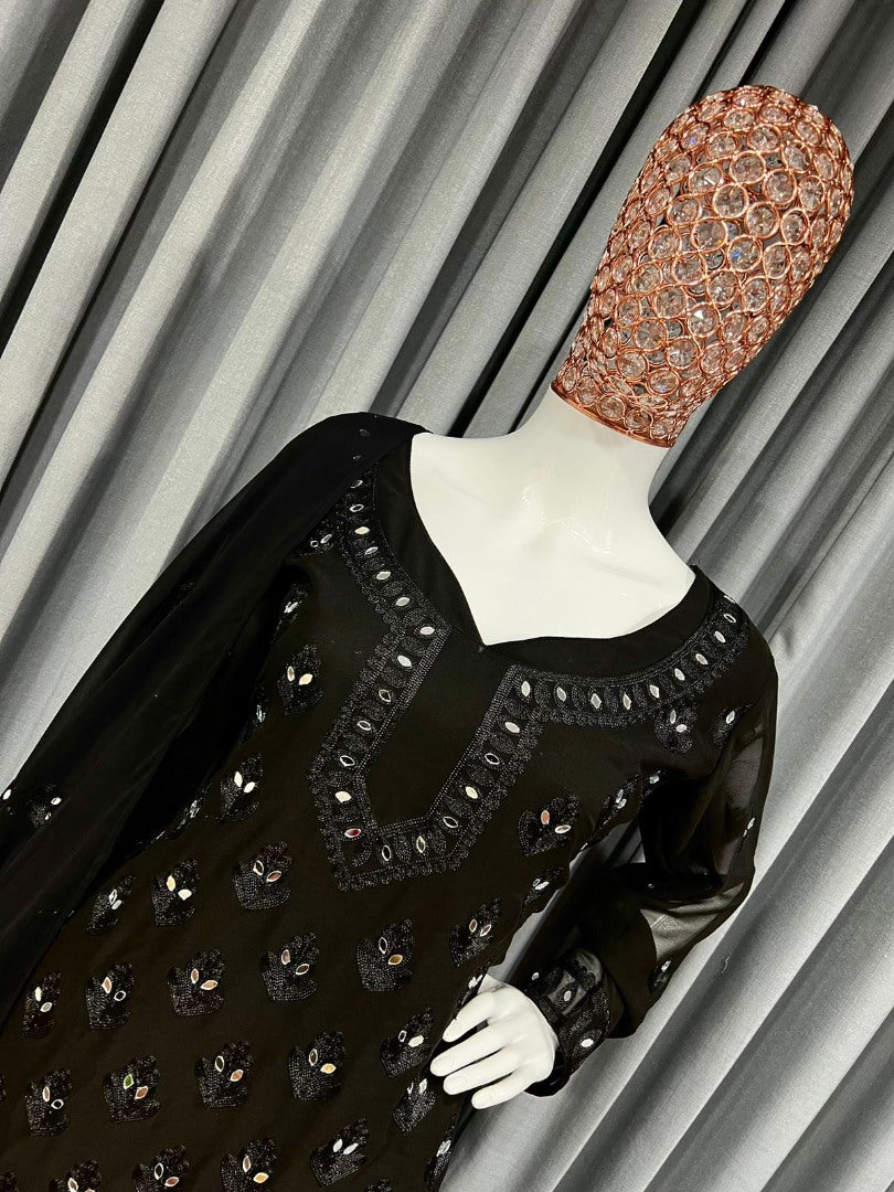 Black georgette embroidery work mirror work plazzo suit