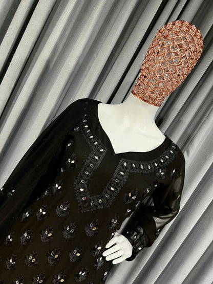 Black georgette embroidery work mirror work plazzo suit