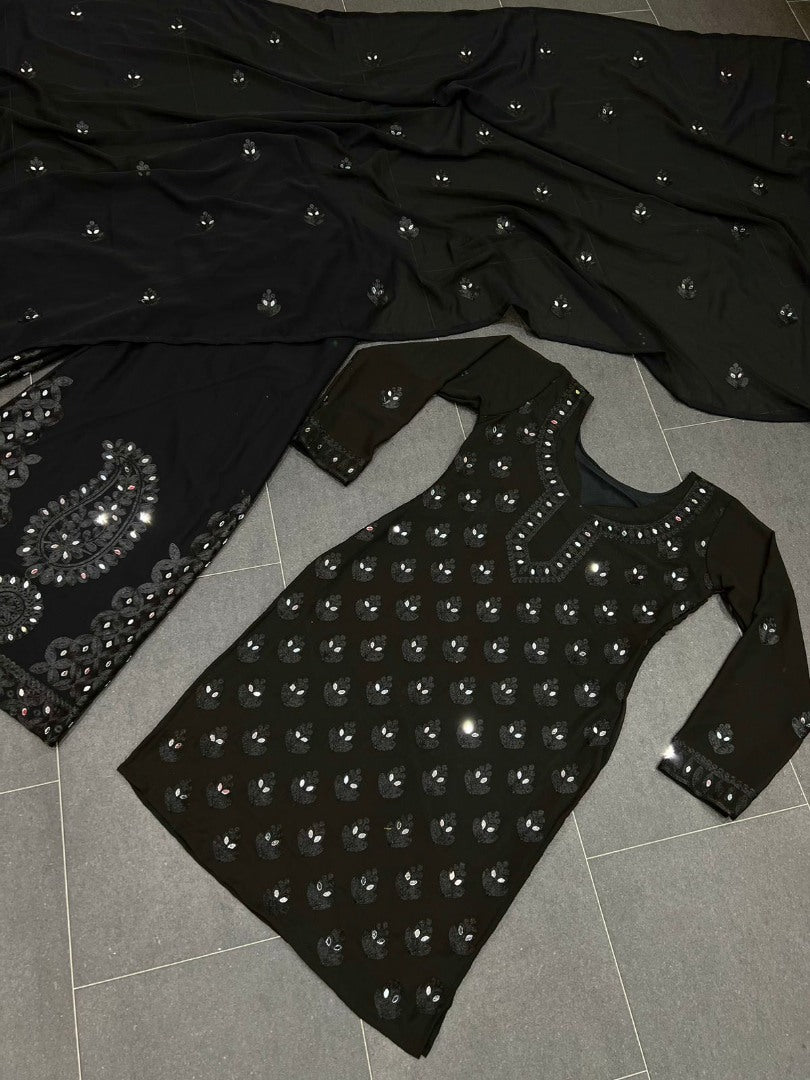 Black georgette embroidery work mirror work plazzo suit