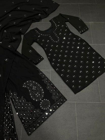 Black georgette embroidery work mirror work plazzo suit