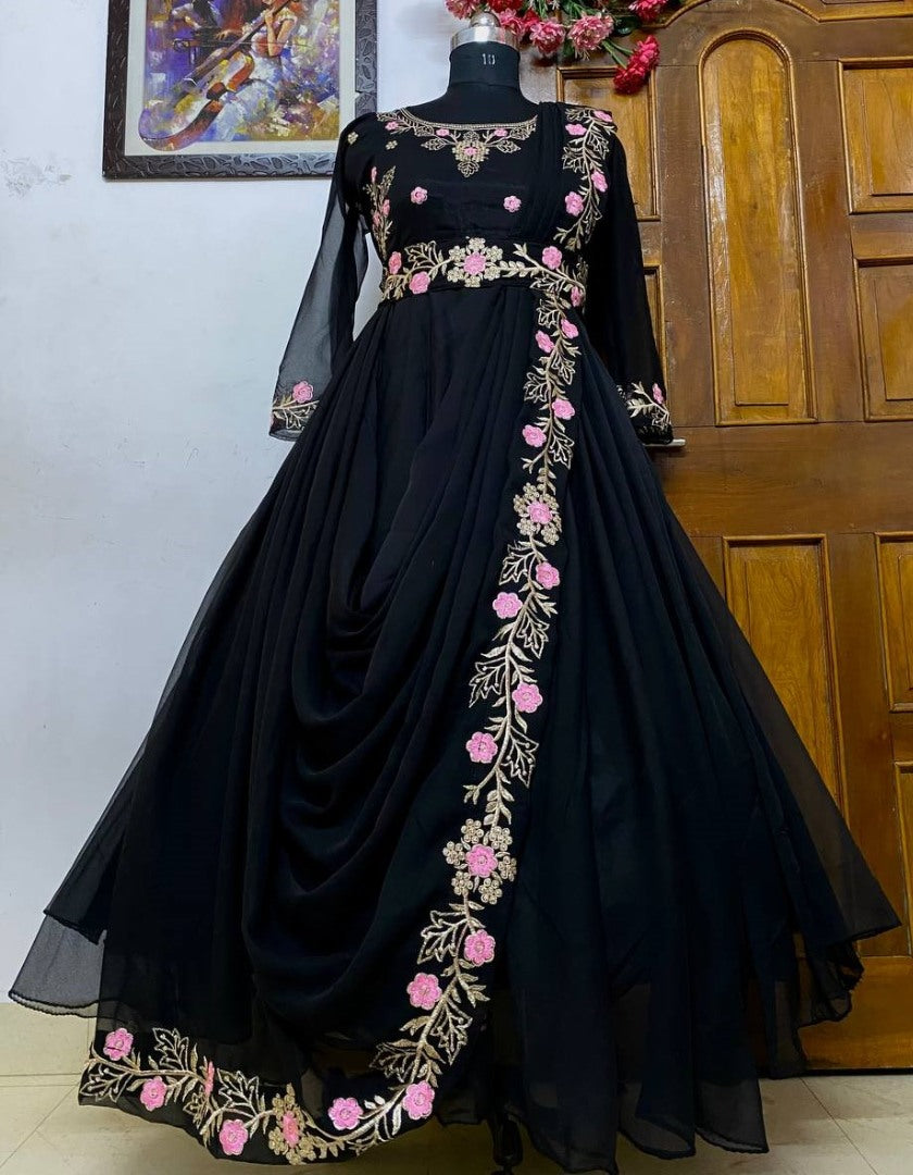 Black georgette embroidery work party wear gown