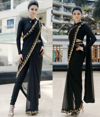 Black georgette fancy embroidered border beautiful indowestern saree