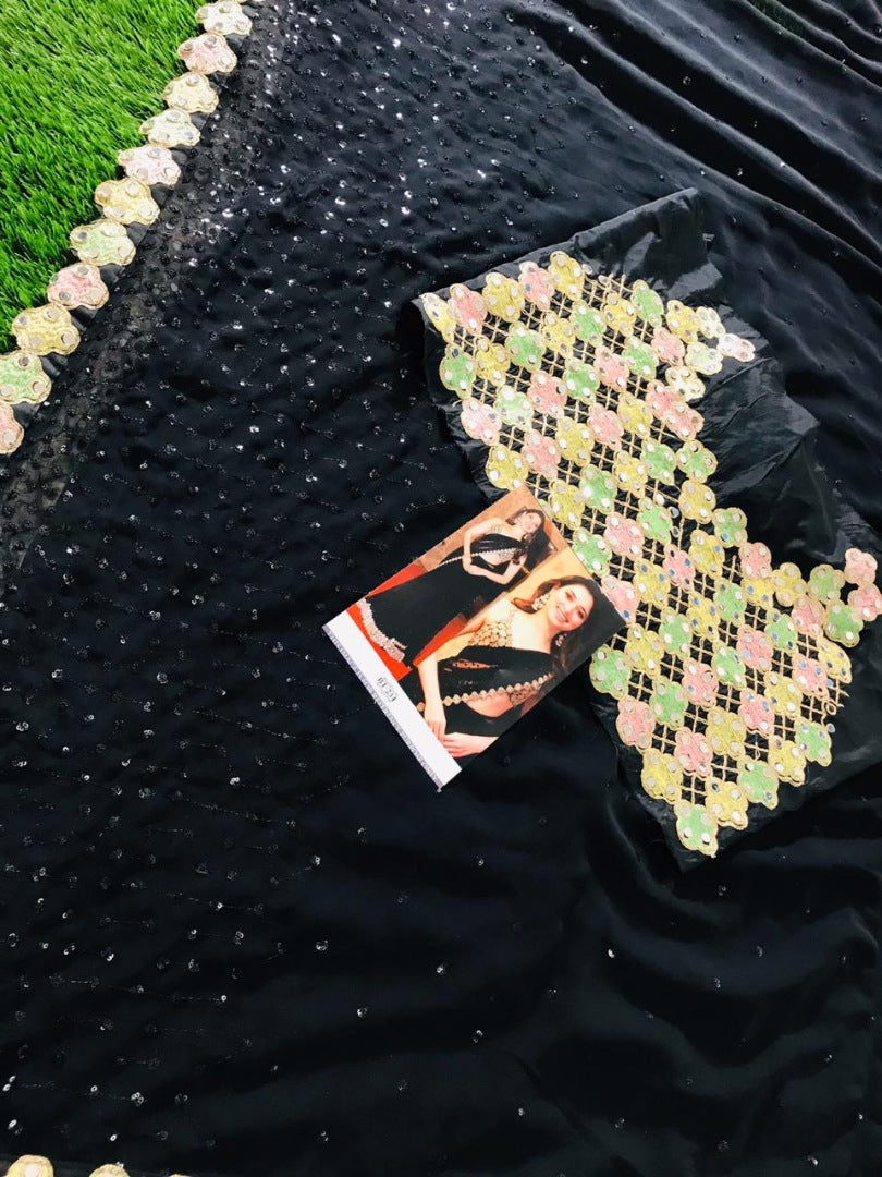 Black georgette fancy embroidered partywear saree