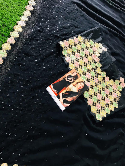 Black georgette fancy embroidered partywear saree