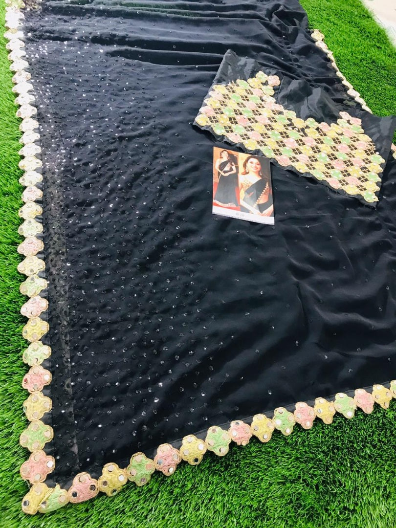 Black georgette fancy embroidered partywear saree
