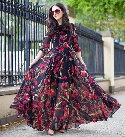 Black georgette floral digital printed gown
