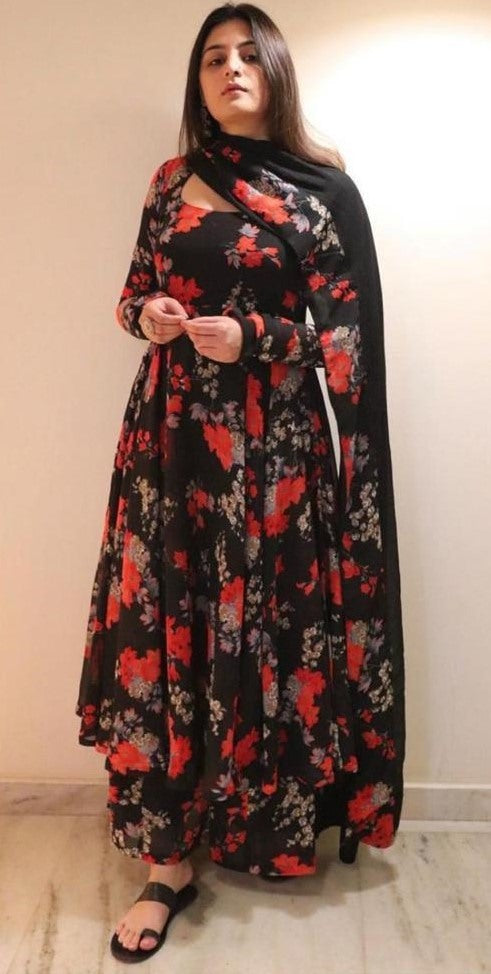 Black georgette floral printed anarkali suit