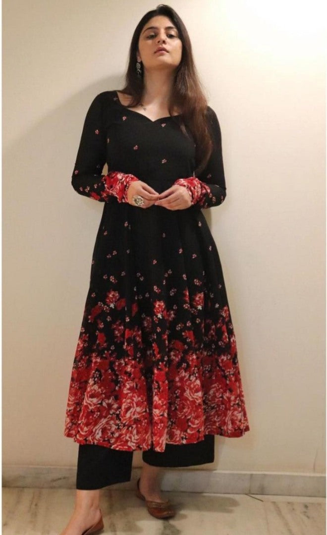 Black georgette floral printed anarkali suit