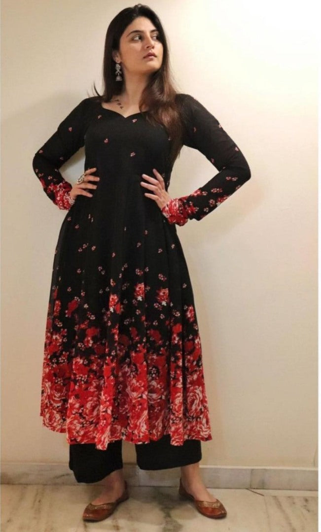 Black georgette floral printed anarkali suit
