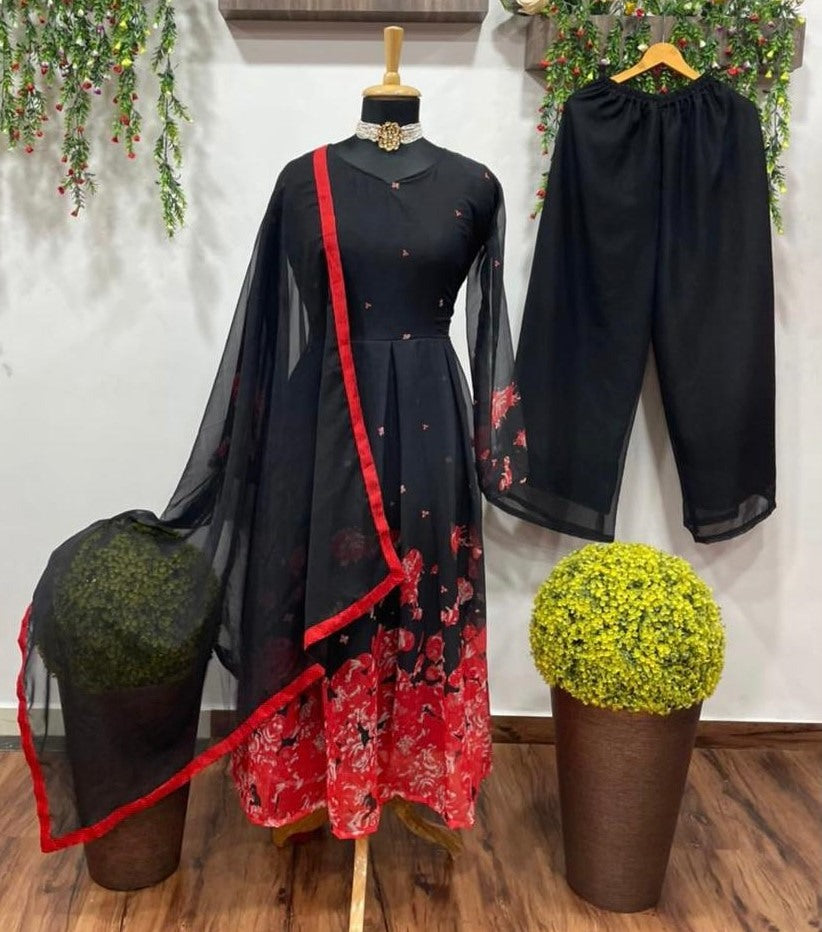 Black georgette floral printed anarkali suit