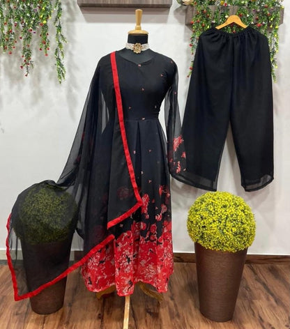 Black georgette floral printed anarkali suit