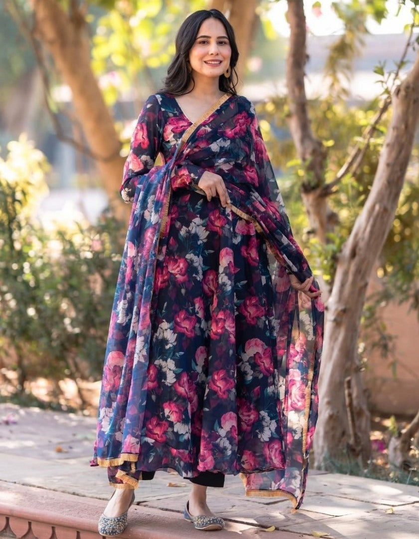 Black georgette floral printed anarkali suit