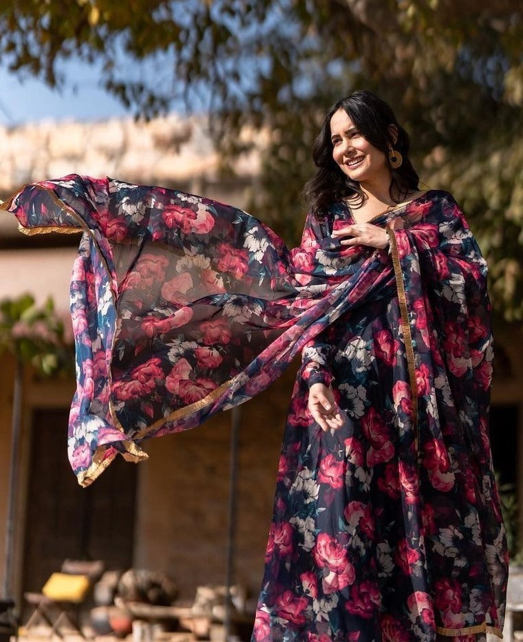 Black georgette floral printed anarkali suit