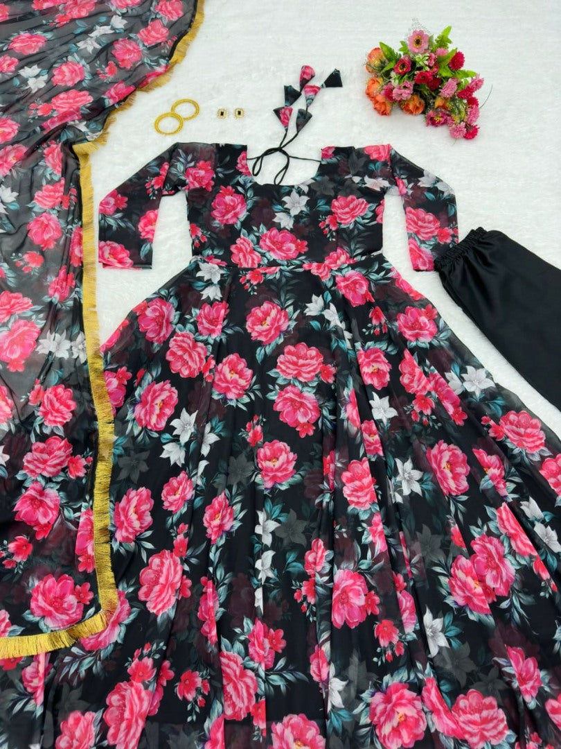 Black georgette floral printed anarkali suit