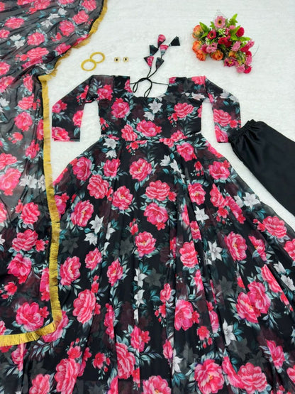 Black georgette floral printed anarkali suit