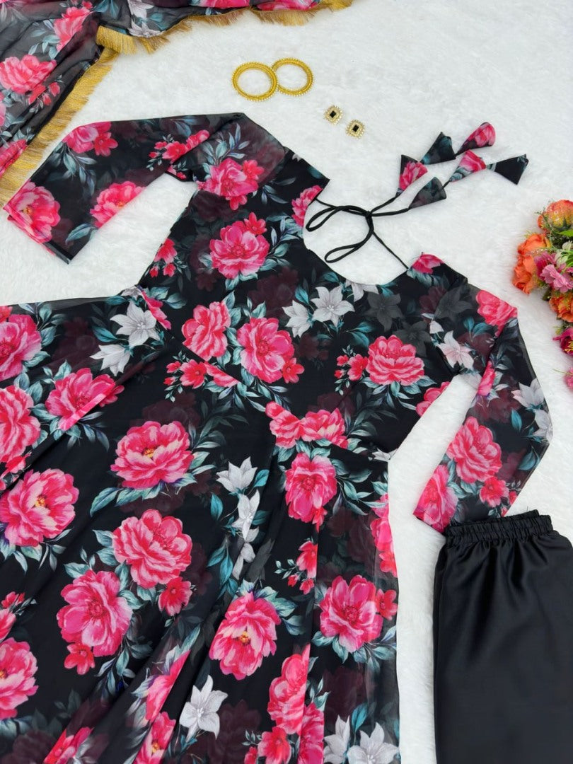 Black georgette floral printed anarkali suit
