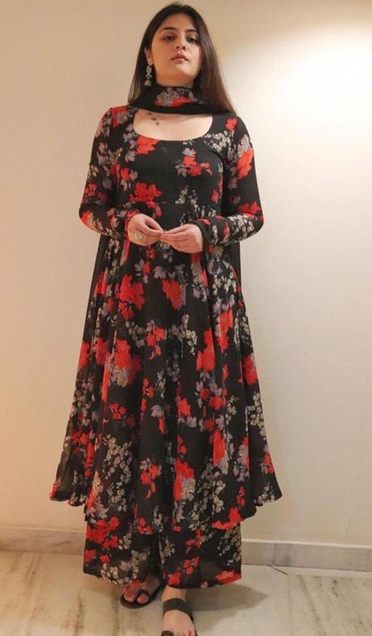 Black georgette floral printed anarkali suit