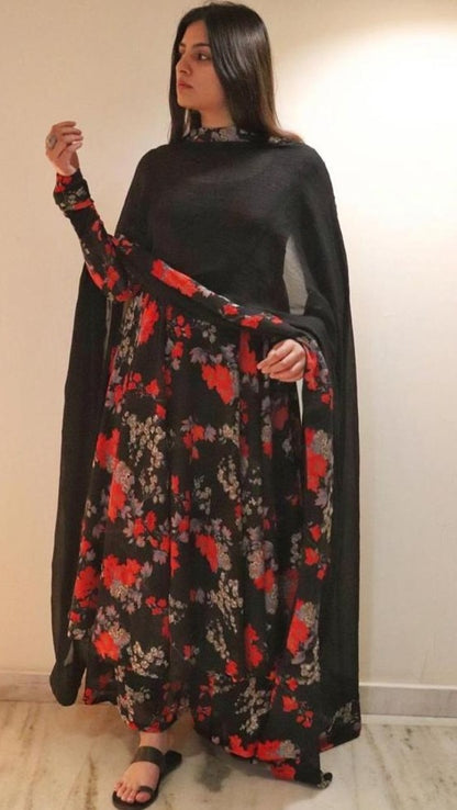 Black georgette floral printed anarkali suit