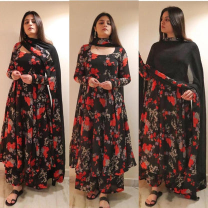 Black georgette floral printed anarkali suit
