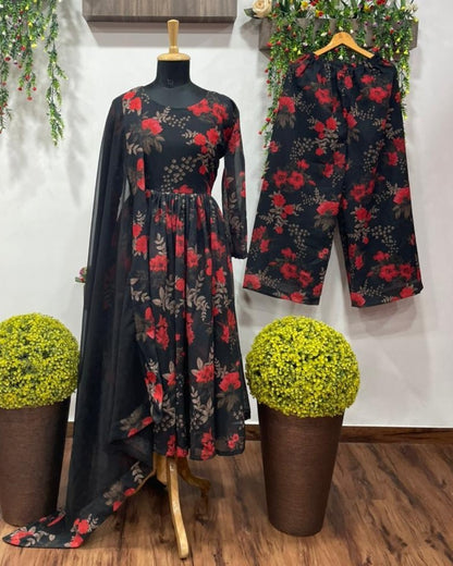 Black georgette floral printed anarkali suit