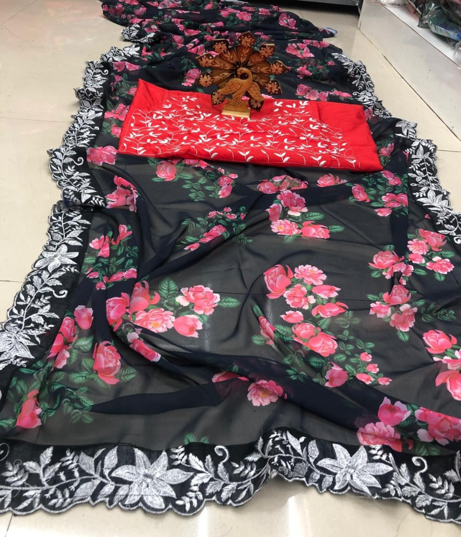 Black georgette floral printed embroidery border saree